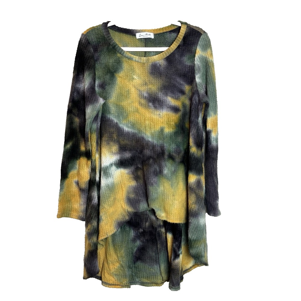 Rae Mode Womens Hi-Lo Yellow Green Tie Dye Tunic Top Blouse Shirt Size Medium M